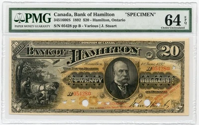 1892 $20 Bank of Hamilton, SPECIMEN - Choice Uncirculated, PCGS UNC64 EPQ - Image 1 of 2
