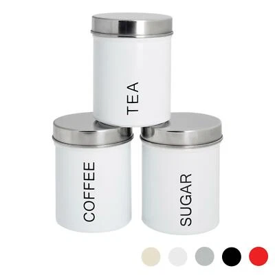 3x Tea Coffee Sugar Canisters Storage Set Kitchen Jars Containers Metal White - Image 1 of 4