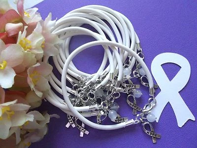 1 DZ LUNG CANCER AWARENESS  BRACELETS/WHITE /'HOPE' RIBBON CHARM   - Image 1 of 3