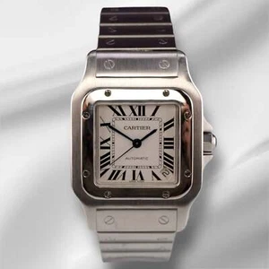 Cartier 33mm Santos 100 Steel Midsize Black Strap Men's Watch 2878 Papers - Picture 1 of 10