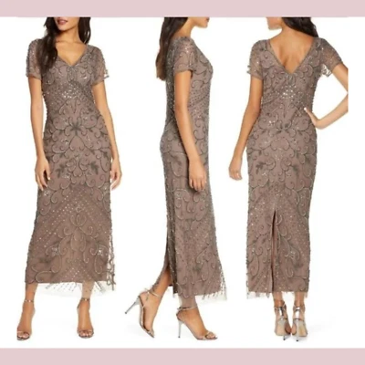 NUEVO $268 Noches Pisarro [2] Vestido Columna Malla Con Cuentas en Moca #J530 Foto 1 de 4