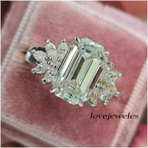 3CT Lab Created Emerald Cut White Diamond Engagement Wedding Ring 925 Silver - Imagen 1 de 6