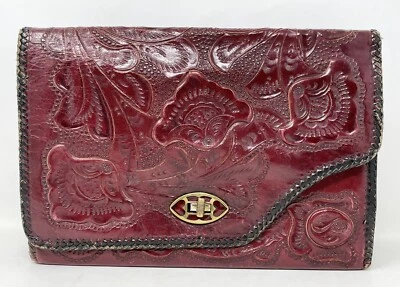 Bolsa de mão de couro vintage 1940 vermelha feita à mão em relevo - Imagem 1 de 4