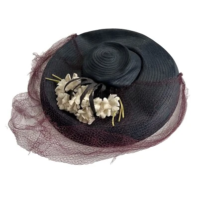 Vintage 1940s Navy Straw Hat Wide Brim Cartwheel Raffia White Flowers Veil As Is - Image 1 of 4