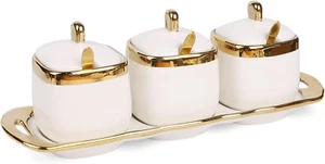 Sugar Bowl with Lid and Spoon,Ceramic Condiment Jars Spice Container with Tray,S - Picture 1 of 8
