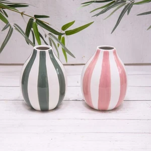 Gestreifte Vase rosa grün & weiß Keramik glasiert Blume Tulpe Deko Vase - Bild 1 von 10