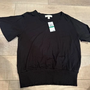 Michael Michael Kors Womens Black Short Sleeve Smocked Hem Top Size L - Picture 1 of 10