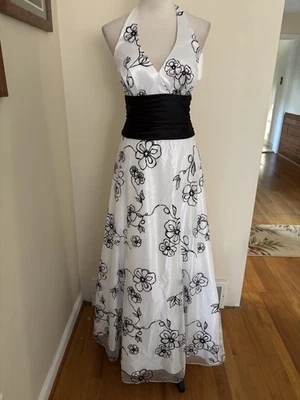 Blondie Nites by Linda Bernell black white satin tulle beaded halter gown sz 5 - Image 1 of 4