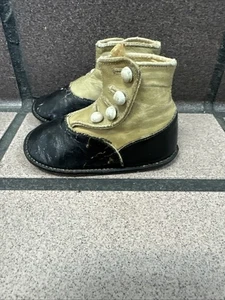 Victorian Children's Button Shoes Used White and Black Leather - Picture 1 of 6