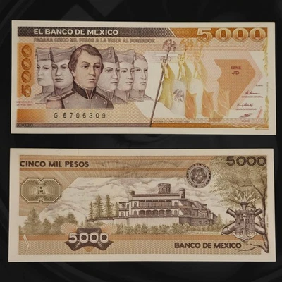 ​🇲🇽 1987 Mexico 5000 Pesos Banknote, Niños Héroes (Cadets), Chapultepec Castle - Image 1 of 3