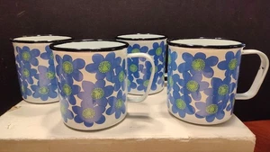 Set of 4 Aribia Finel Finland Enameled Metal Cups/Mugs - SINIVUOKKO Blue Flowers - Picture 1 of 16