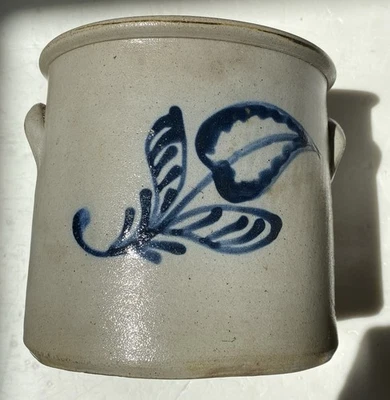 Antique Blue Cobalt Stylize Tulip Slip Decorated Stoneware Salt Glaze Crock AsIs - Image 1 of 4