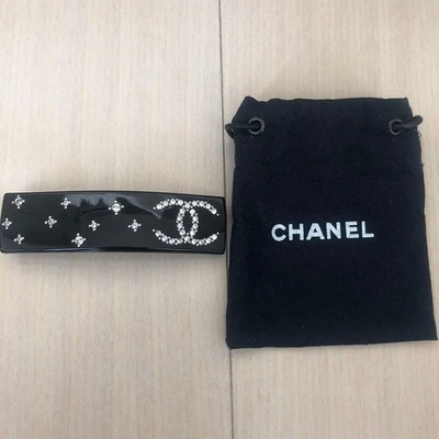 CHANEL 04P Black Resin Rhinestone Star CC Logo Barrette Hair Clip France w/Pouch - Image 1 of 4