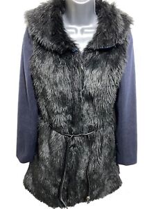 Ladies Winter Coat Navy Duffle Black Faux Fur Belted Mid length Warm Jacket Sz 8