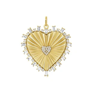 Heart Starburst Diamond Charm 925 Silver Heart Fluted Baguette Diamond Pendant - Picture 1 of 3