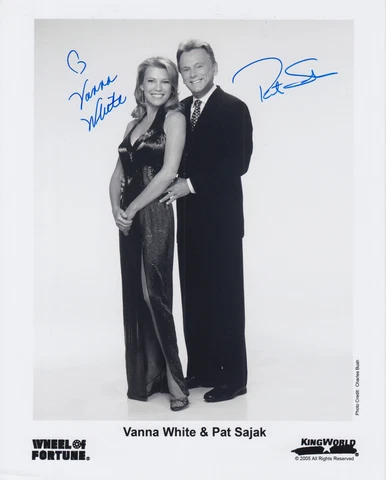 Pat Sajak, Vanna White, Hosts of Wheel of Fortune TV Show, signed 8x10 B&W photo Cover