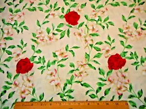 Floral Fabric By The Yard Red Roses Green Leaves on Ivory RJR Premium Cotton #C - Picture 1 of 2