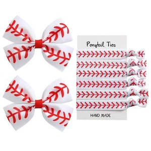 2PC Baseball Hair Bow Clips with 6PC Baseball Hair Ties for Women Girls Cheer... - Picture 1 of 7