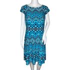 Anne Klein Dress Womens 12 Blue Red Aztec Print Fit Flare Career Slinky Travel