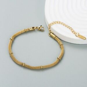 Woman 18K Gold Plated Stainless Steel Mesh Round Chain Bracelet Bangle