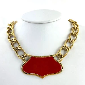 Vintage Monet Gold Tone Red-Orange Enamel Medallion Bib Chunky Necklace 1980s - Picture 1 of 10
