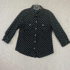 Karen Scott Top Womens S Black Polka Dot Button Front 3/4 Sleeve Cotton Blouse - Picture 1 of 16
