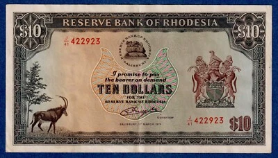 Rhodesia $10 (1976)  P-37a (1st Mar 1976) , Circulated Note J/41 422923 - Image 1 of 3