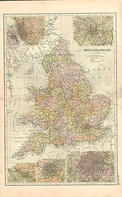 1911 MAPA VICTORIANO ~ INGLATERRA Y GALES ~ ALREDEDORES LONDRES LIVERPOOL BIRMINGHAM Foto 1 de 3