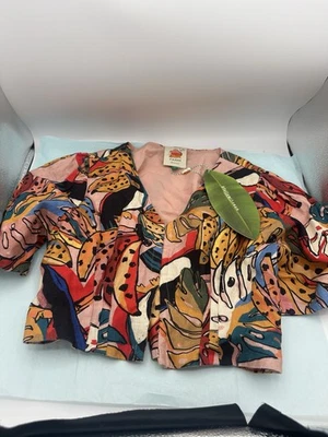 Новый с Ярлыками ферма Rio рубашка S сумасшедший попугай печать Puffed рукав укороченный Топ Anthropologie - Изображение 1 из 4