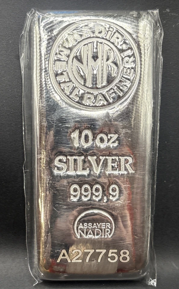 Barra de plata de 10 onzas - Refinería de metal Nadir - 999,9 fina - Certificado presente Foto 1 de 3