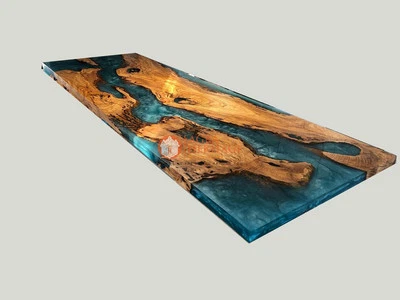 Blue Resin River Dining Confrence Center Table Top Natural Acaica Wood Decors - Image 1 of 4