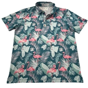 Breasy Apparel Golf Polo Mens Shirt XL Blue Pink Flamingos Performance Stretch - Picture 1 of 13