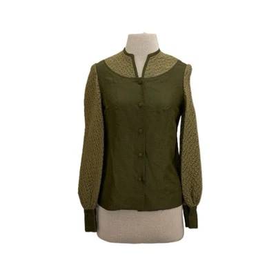 Camisa De Colección RARA Verde Lino Tejida Crochet Botón Delantero Manga Globo Talla S/M Foto 1 de 4