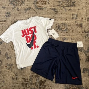 NWT NIKE 2PC Boys Dri-Fit Tee Shirt/Shorts Set Size 7 WHITE/NAVY/RED - Picture 1 of 6