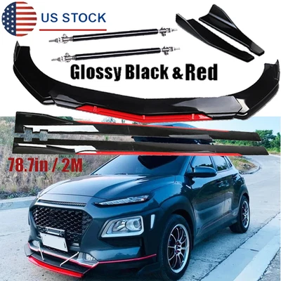 Front Bumper Lip Splitter Spoiler Glossy Black +Red For Hyundai Kona 2018-2024 Foto 1 de 4