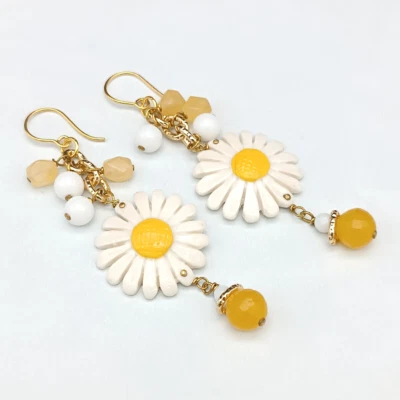 orecchini donna pendenti argento placcato oro agata gialla bianca margherita - Immagine 1 di 4