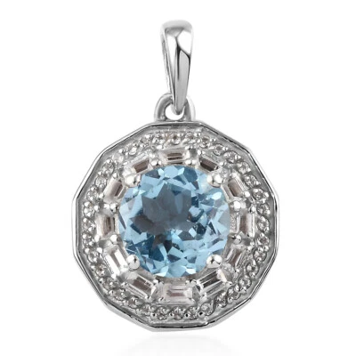 GORGEOUS Sky Blue Topaz Halo Pendant Platinum Plated 2.60ctw - Image 1 of 4