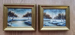2 Vintage Miniature Landscape Oil Paintings On Board Signed 5x6 - Picture 1 of 10