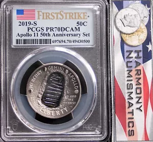 2019 S APOLLO 11 HALF DOLLAR PR70 DCAM First Strike Moon Landing Flag Label - Picture 1 of 2