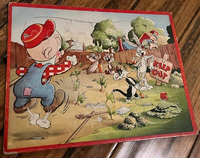 Rompecabezas con incrustaciones de cartón vintage Bugs Bunny Porky Pig Elmer Fudd Looney Toons Foto 1 de 2