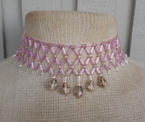 Netted Weave Beaded Choker Necklace Adjustable Length Pink Gold Silver Champagne - Picture 1 of 8