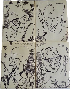 aRT CARICATURE MARKER DRAWING SET OF4 FISHING SMOKING MOTIF VINTAGE 60S neocurio - Picture 1 of 13