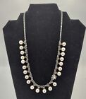 Vtg Statement Silver Pearl & Rhinestone Necklace With Adjustable Chain Costume