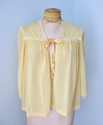 Vtg 50s 60s Lorraine Butter Yellow Nylon Bedjacket Short Robe Eyelet Lace Trim M - Image 1 of 4