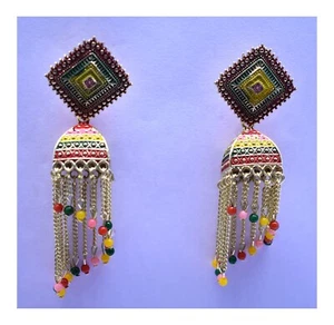 Traditional Multi-Colour Jhumki Earrings, Gold Plated, 9x3 cm, 24g, Chain Tassel - Picture 1 of 3