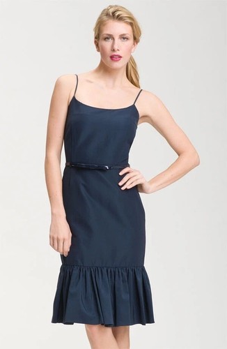 Abito Kate Spade taglia 4 Talitha blu navy orlo increspato cintura slim fiocco senza maniche