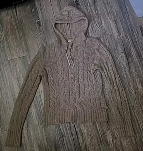 American Eagle Sweater Womens Medium Tan Hooded Cable Knit Lambswool Hoodie Y2K - Picture 1 of 6