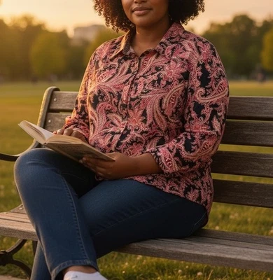 Camisa Blusa Chaps Rosa Negra Cachemira Talla 2X Sin Hierro Algodón Abotonada Mujer Foto 1 de 4