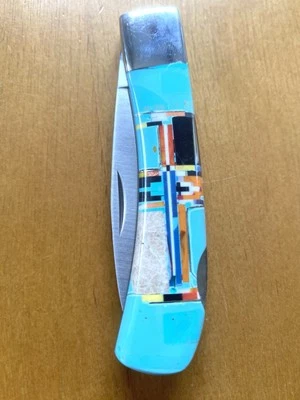 Navaja de Bolsillo Nativa Americana del Suroeste Turquesa e Incrustación de Piedras Preciosas Mango de Mosaico Foto 1 de 4