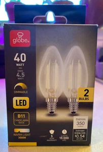 Globe 40watt Dimmable Led B11 Candelabra Base Warm Light 3000k 2 Bulbs FreeS&H! - Picture 1 of 4